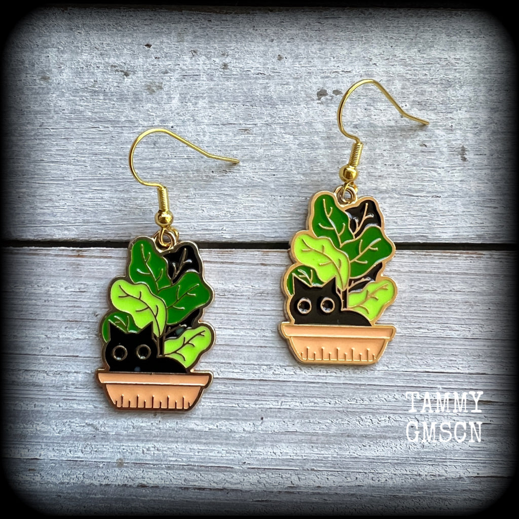 Black cat and pot plant earrings