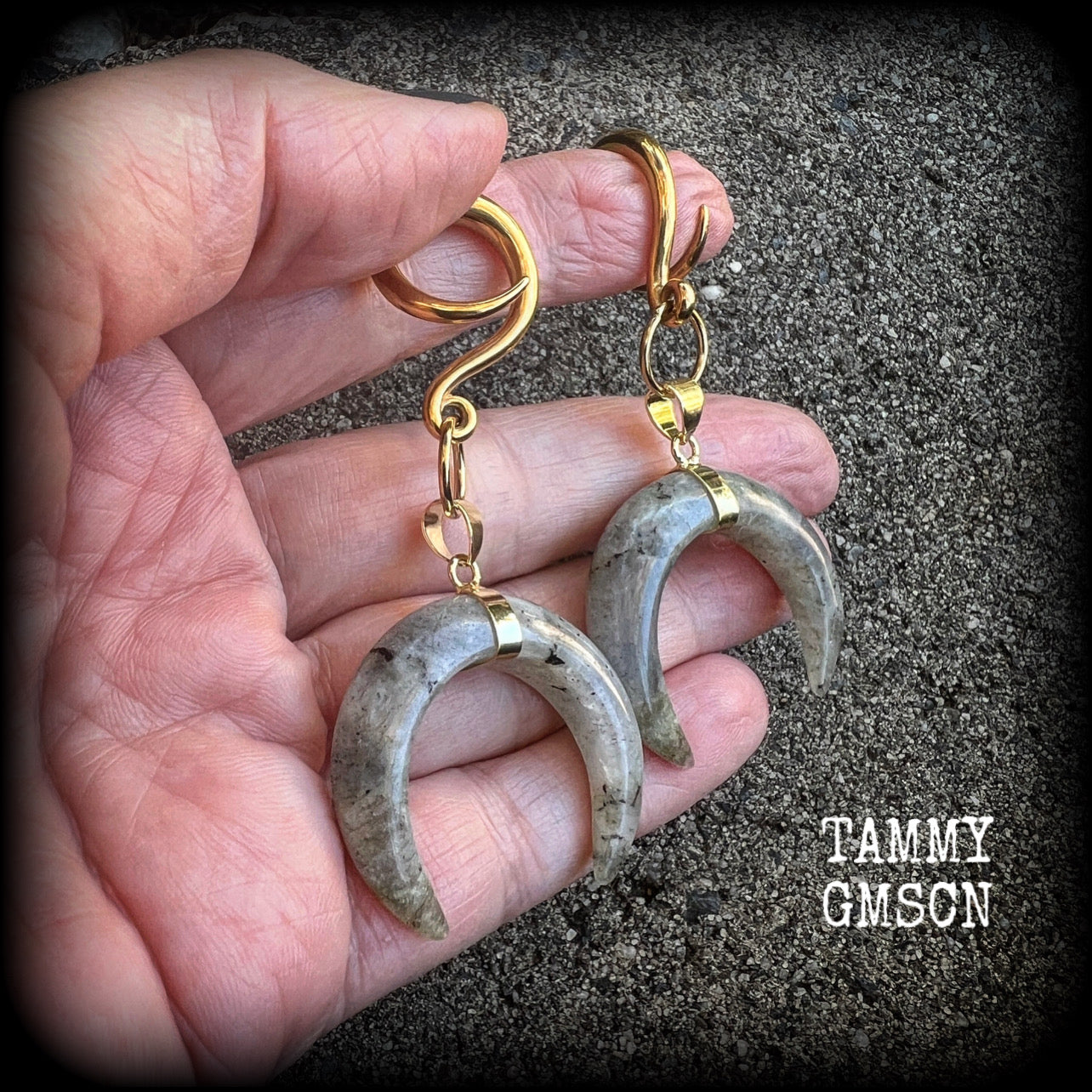 Labradorite crescent moon gauged earrings