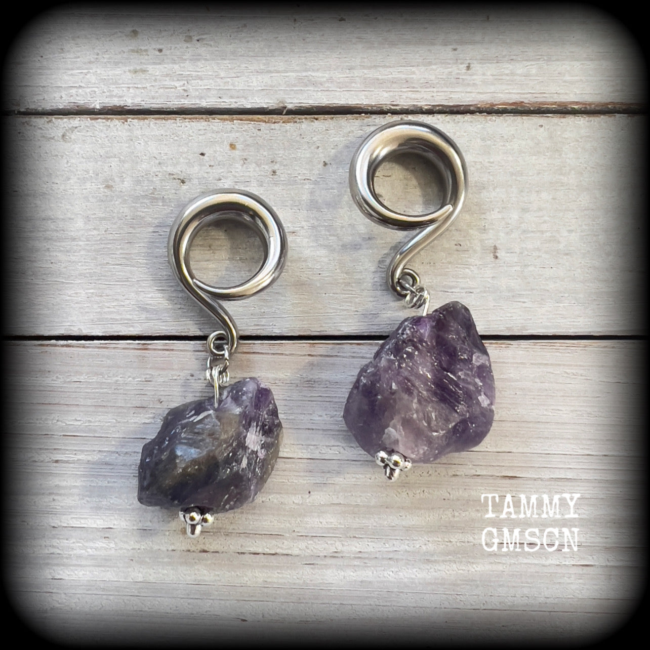 Raw amethyst gauged earrings