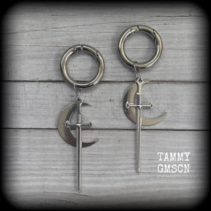 Sword and crescent moon gauged hoop earrings