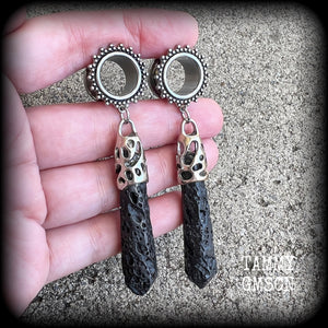 Ornate Volcanic lava rock tunnel earrings