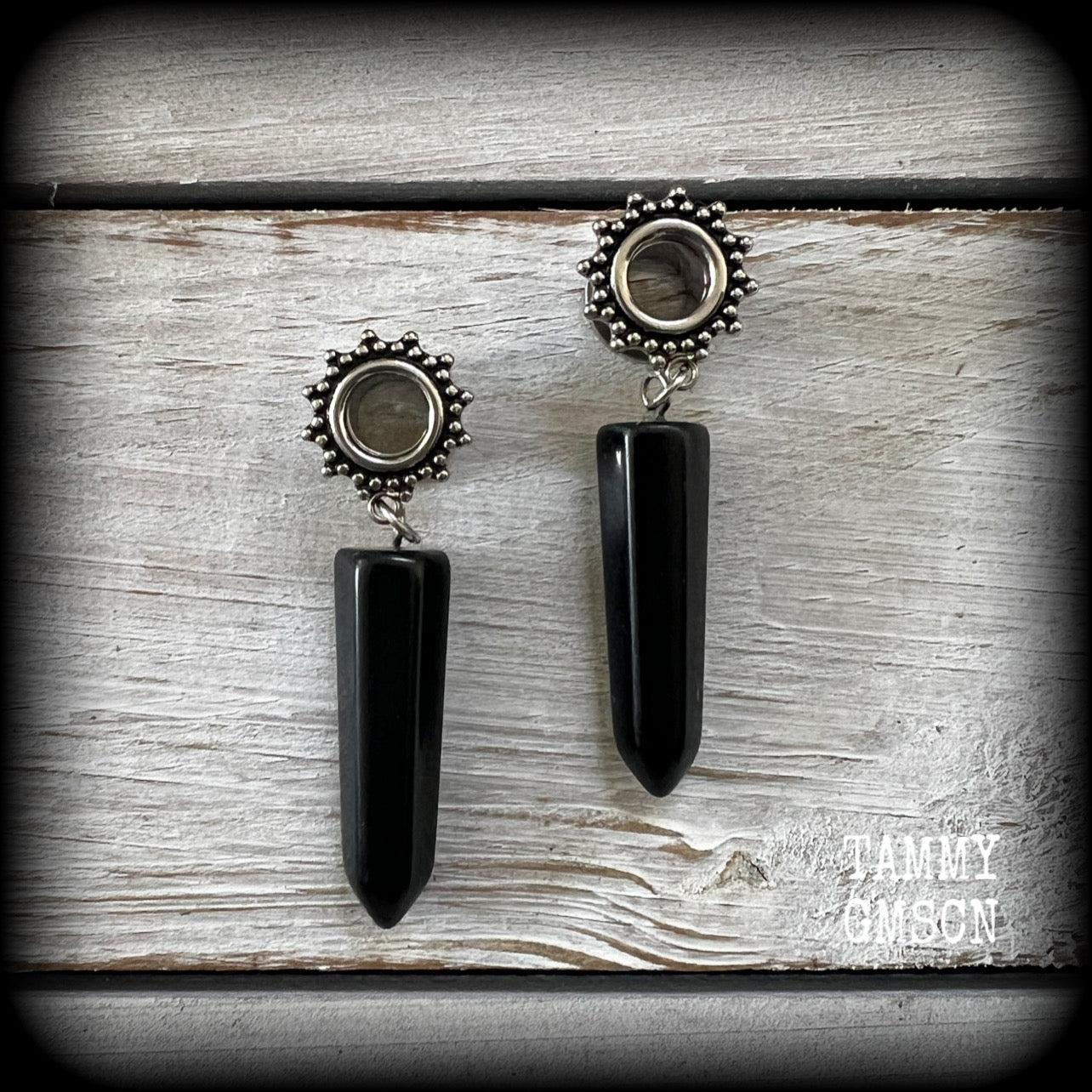 Ornate Obsidian gemstone tunnel dangles