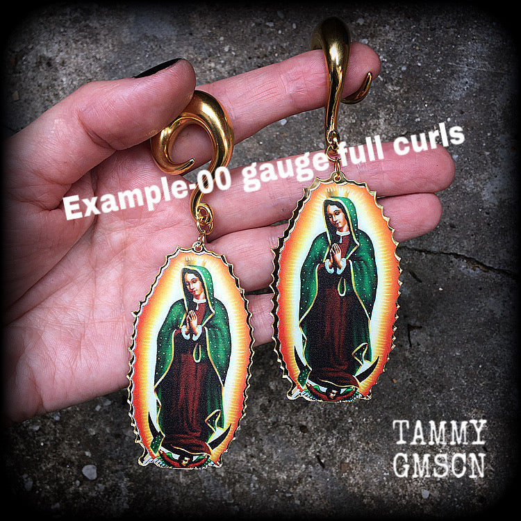 00 gauge body jewelry Lady of Guadalupe jewelry Lady of Guadalupe gauged earrings Sacred heart ear weights 00 gauge ear weights Ear hangers Body jewelry Religious jewelry Catholic jewellery Voodoo jewelry 4mm 6mm 8mm 10mm 12mm 14mm 16mm 19mm 22mm 25mm 28mm 30mm Stretched lobes Ear gauges Saints