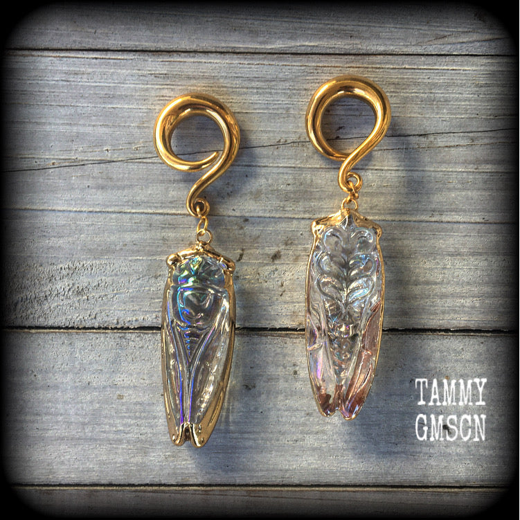 Clear quartz cicada gauged earrings-Insect ear weights