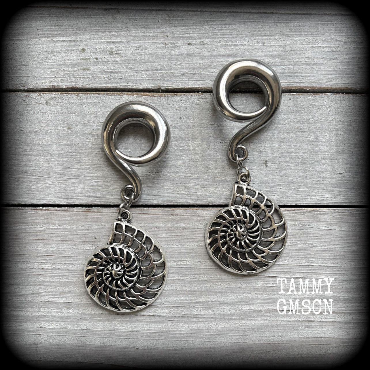 Fibonacci spiral gauged earrings-Nautilus ear hangers