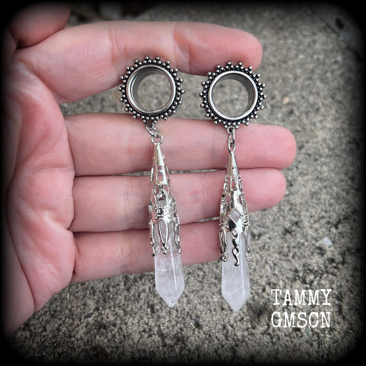 Gemstone tunnel earrings Clear quartz gauged earrings 9/16" tunnels Gemstone tunnels Gemstone ear weights Gemstone ear hangers Ear gauges 14mm tunnels Tunnel dangles Plugs Stretched ears Body jewelry Stretched lobes Gauged ears 6mm 8mm 10mm 12mm 14mm 16mm 19mm 22mm 25mm