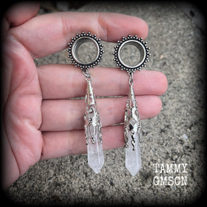 Gemstone tunnel earrings Clear quartz gauged earrings 9/16" tunnels Gemstone tunnels Gemstone ear weights Gemstone ear hangers Ear gauges 14mm tunnels Tunnel dangles Plugs Stretched ears Body jewelry Stretched lobes Gauged ears 6mm 8mm 10mm 12mm 14mm 16mm 19mm 22mm 25mm