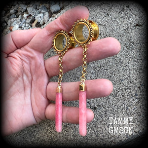 Beautiful cherry quartz slivers hanging from ornate tunnels with antique gold chain, available on a range of hooks and clasps for pierced ears.