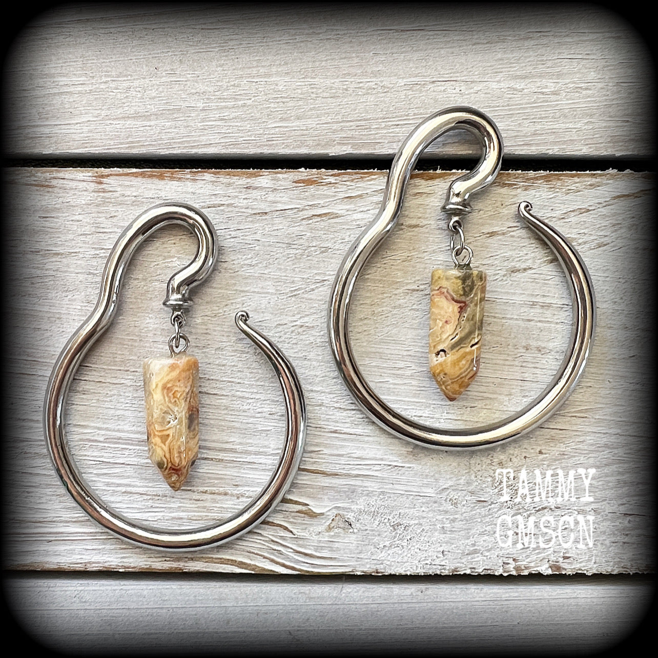 Lace agate ear hangers-Round ear gauges