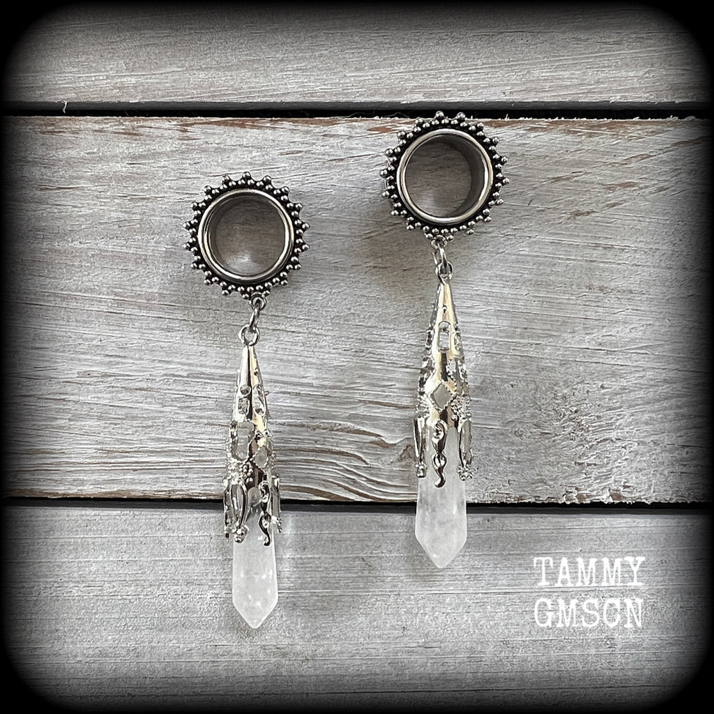 Quartz tunnel earrings Clear quartz gauged earrings 9/16" tunnels Gemstone tunnels Gemstone ear weights Gemstone ear hangers Ear gauges 14mm tunnels Tunnel dangles Plugs Stretched ears Body jewelry Stretched lobes Gauged ears 6mm 8mm 10mm 12mm 14mm 16mm 19mm 22mm 25mm