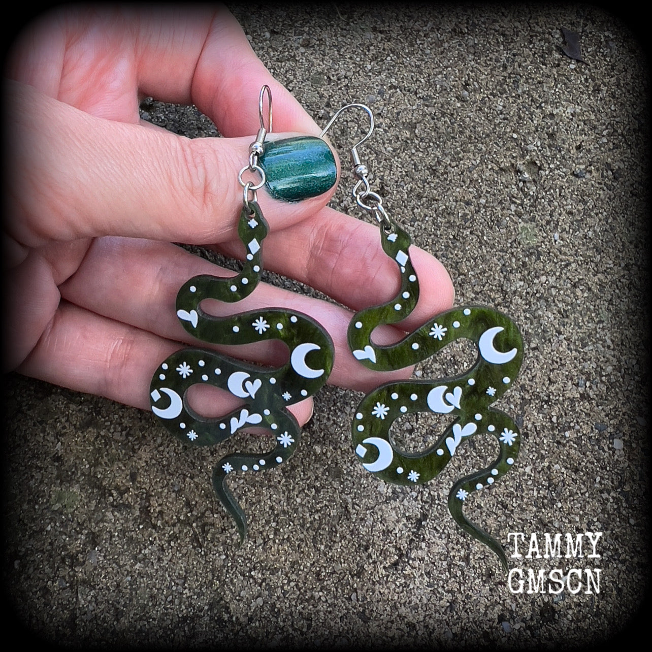 Celestial snake earrings Whimsigoth earrings Serpent earrings Asp earrings Snake jewelry Tunnels Plugs Body jewelry Pierced ears Clip ons Green snake earrings Sun and moon earrings Esoteric snake earrings Ear gauges