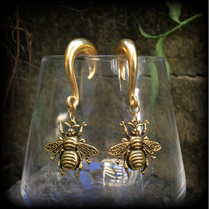 Antique gold bee gauged earrings-Insect ear weights