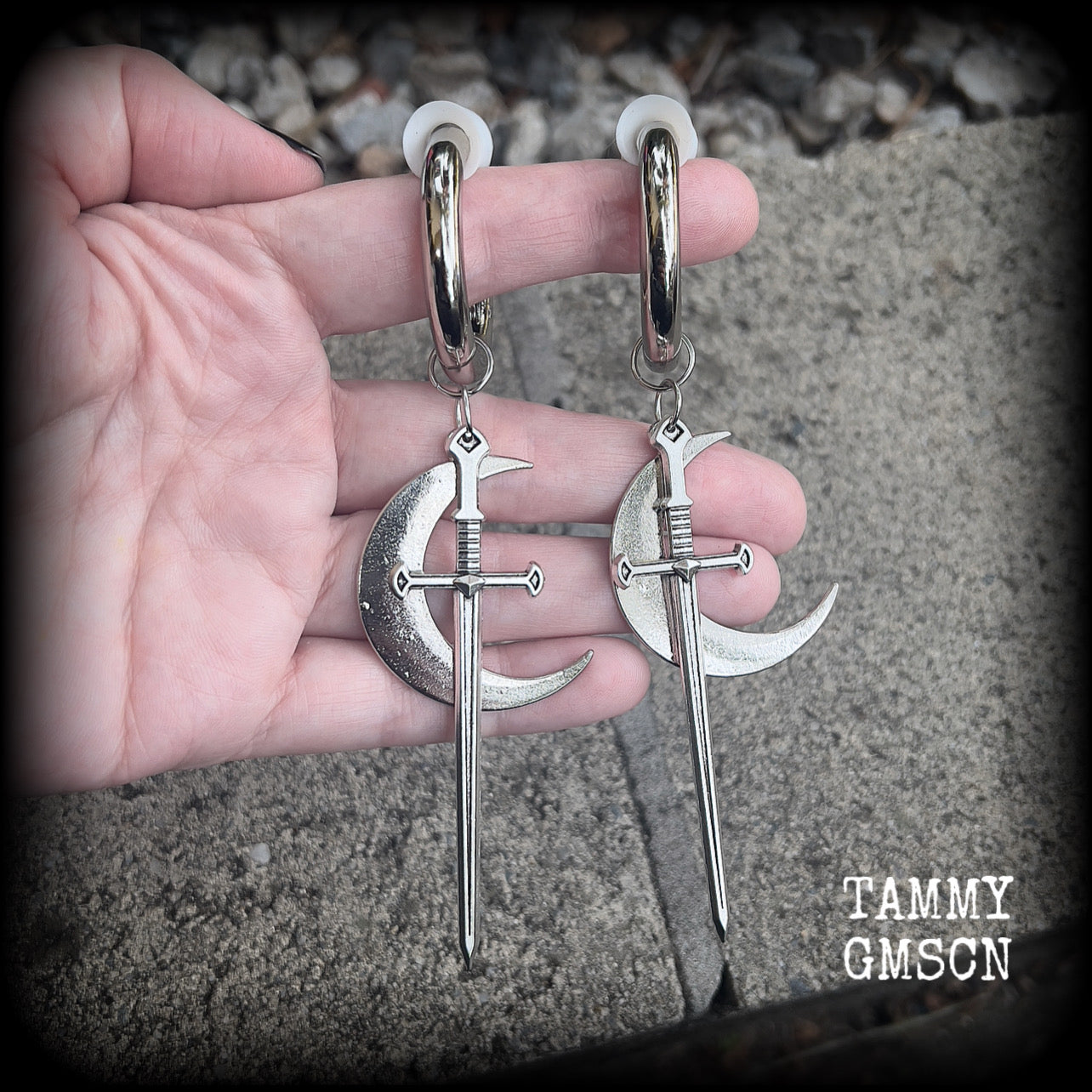 Sword and crescent moon gauged hoop earrings