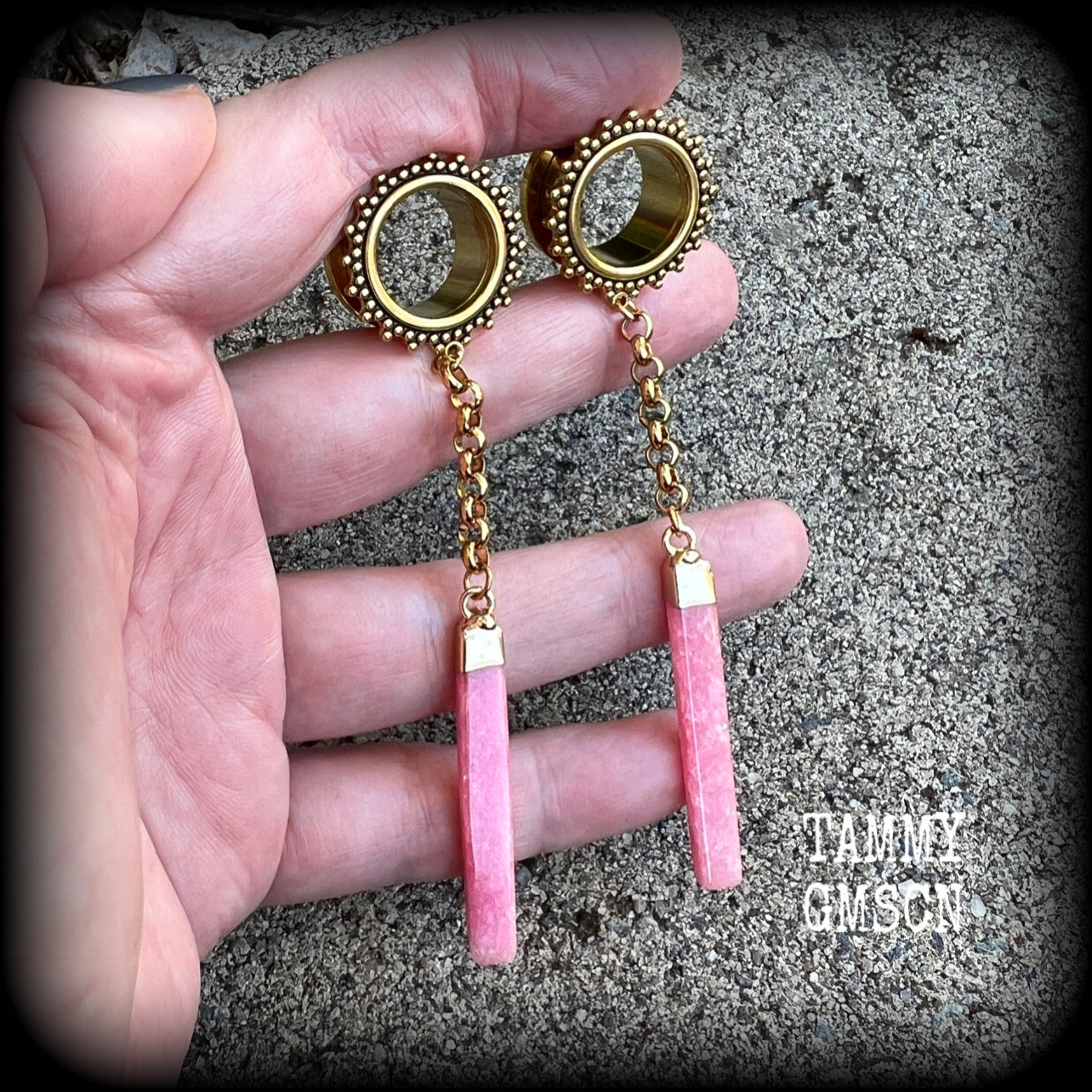 Beautiful cherry quartz slivers hanging from ornate tunnels with antique gold chain, available on a range of hooks and clasps for pierced ears.