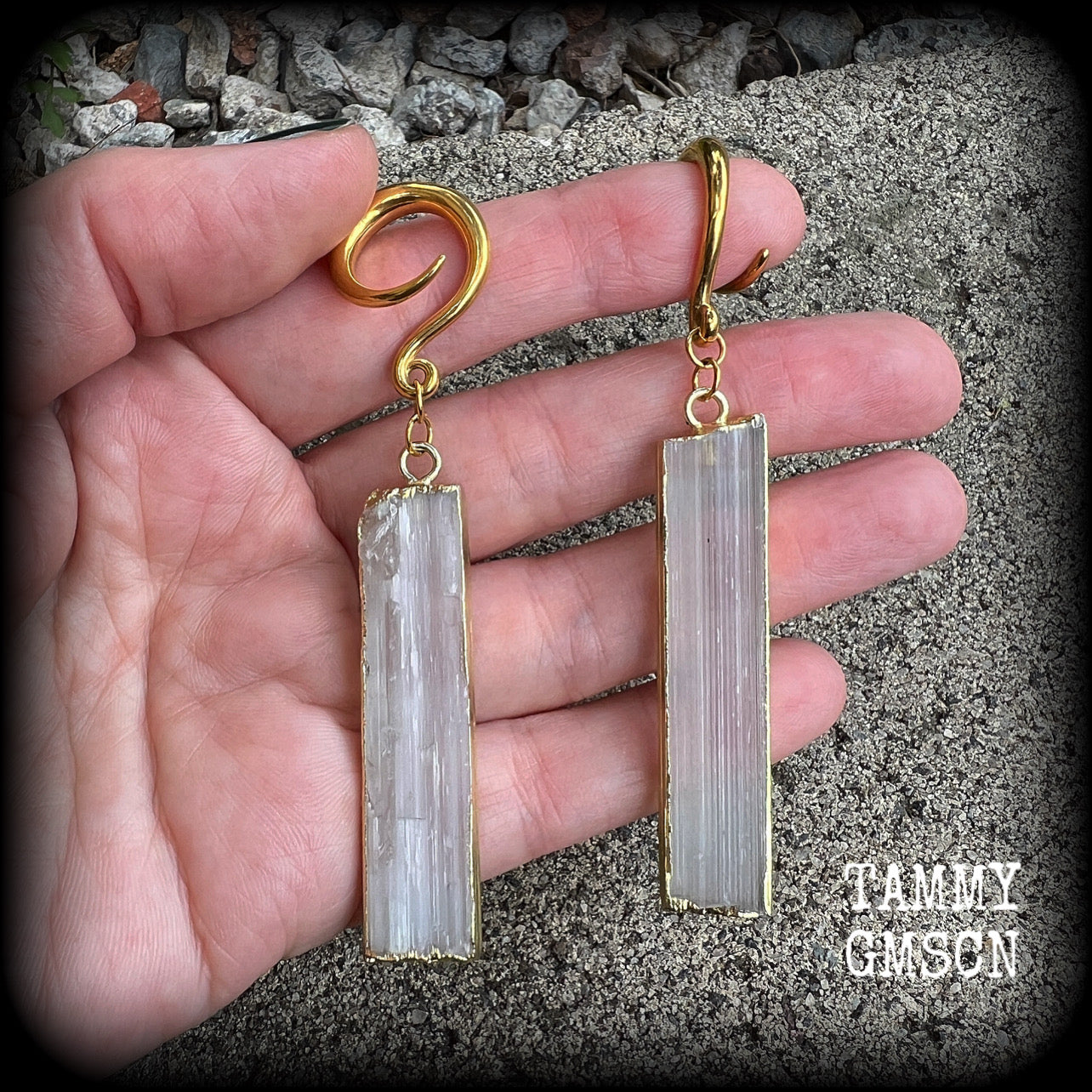 Selenite gauged earrings