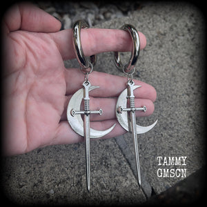 Sword and crescent moon gauged hoop earrings