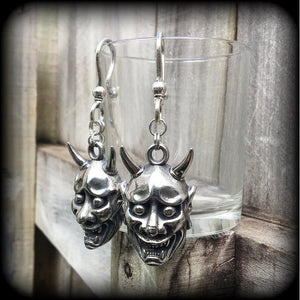 Hannya mask ear hangers Hannya Mask earrings Japanese demon earrings 2 gauge ear weights 8 gauge ear weights Ear hangers Body jewelry Japanese jewelry Ear gauges