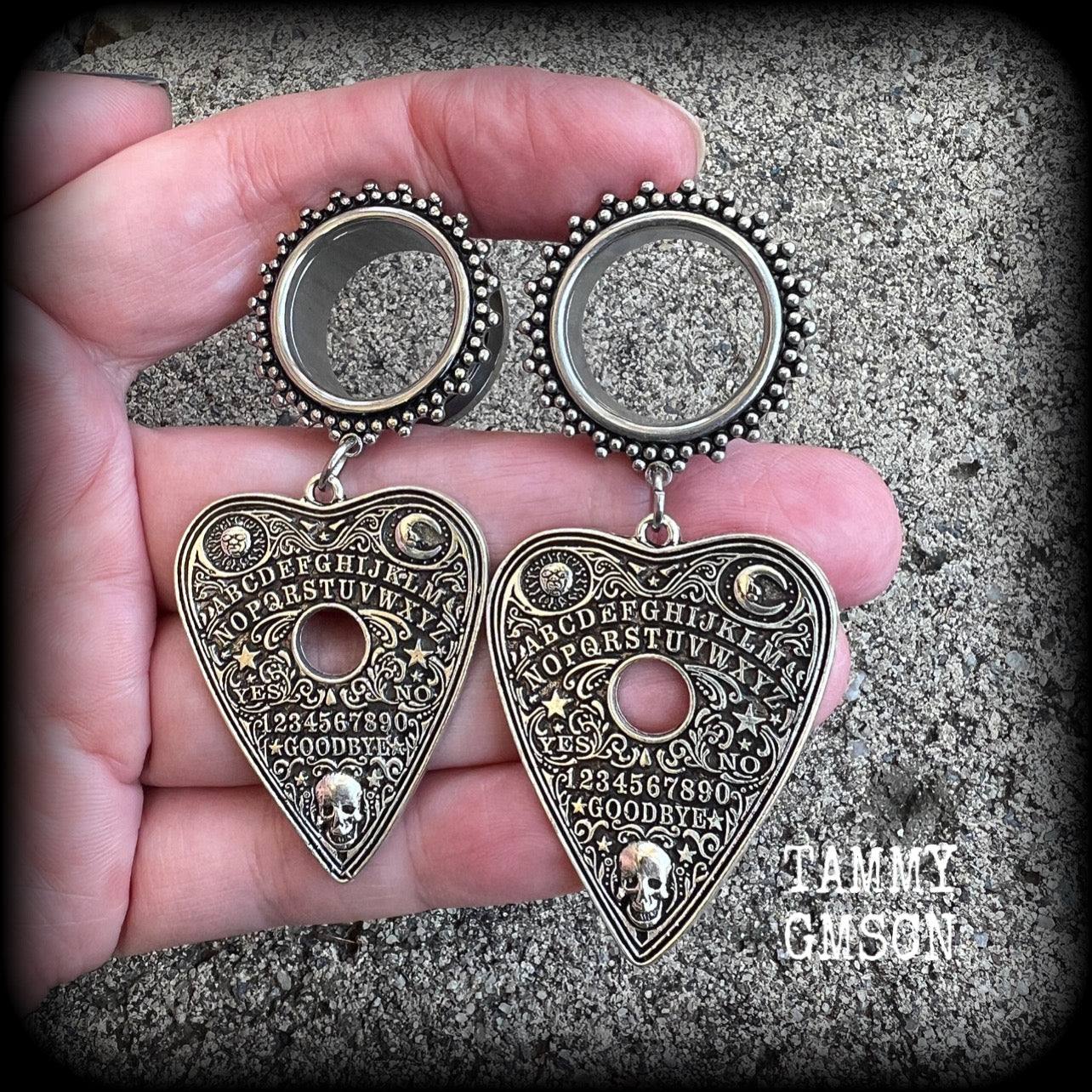 Ouija board jewelry Planchette earrings Spooky tunnel earrings Halloween gauged earrings 3/4" tunnel dangles 19mm tunnel earrings Body jewelry Stretched ears Gauged ears 6mm 8mm 10mm 12mm 14mm 16mm 19mm 22mm 25mm 28mm 30mm ear gauges Plug gauges 