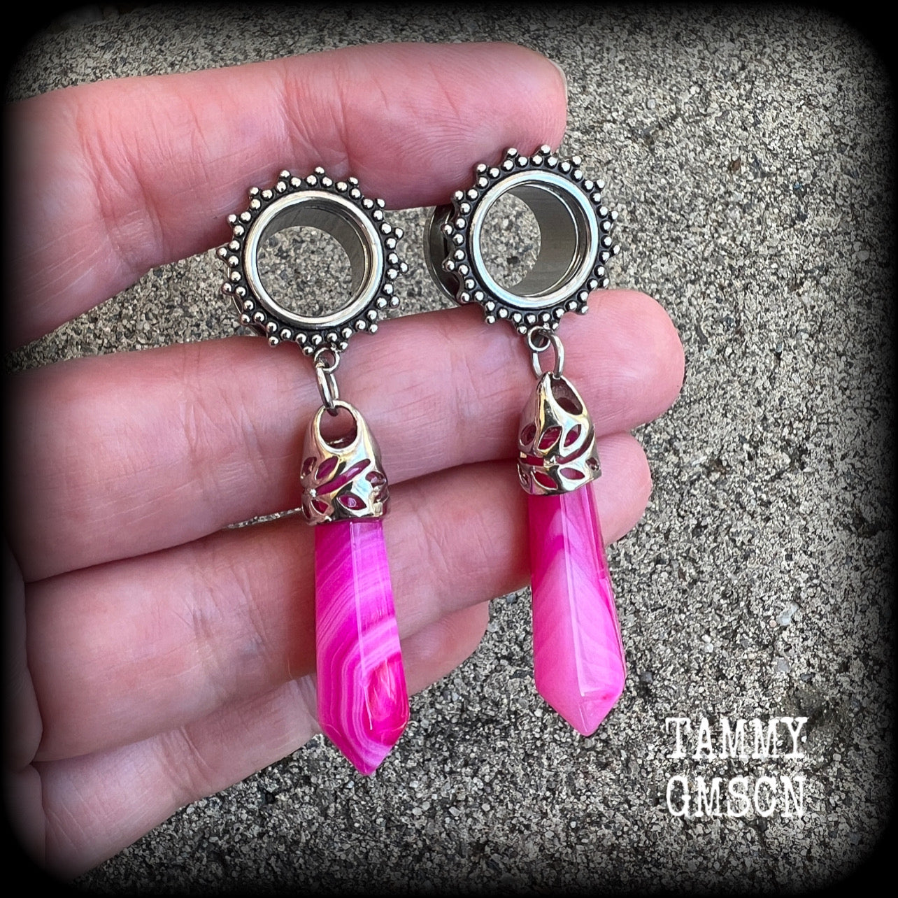 Pink agate boho tunnel dangles