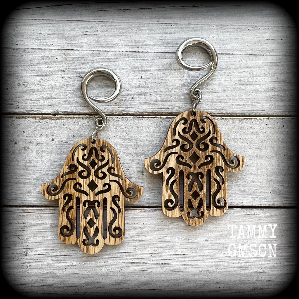 Hamsa hand gauged earrings-Carved wood earrings