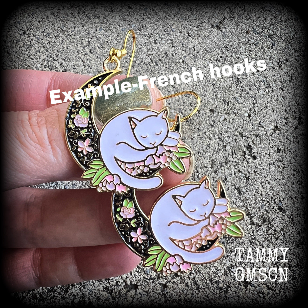 Cat and crescent moon earrings