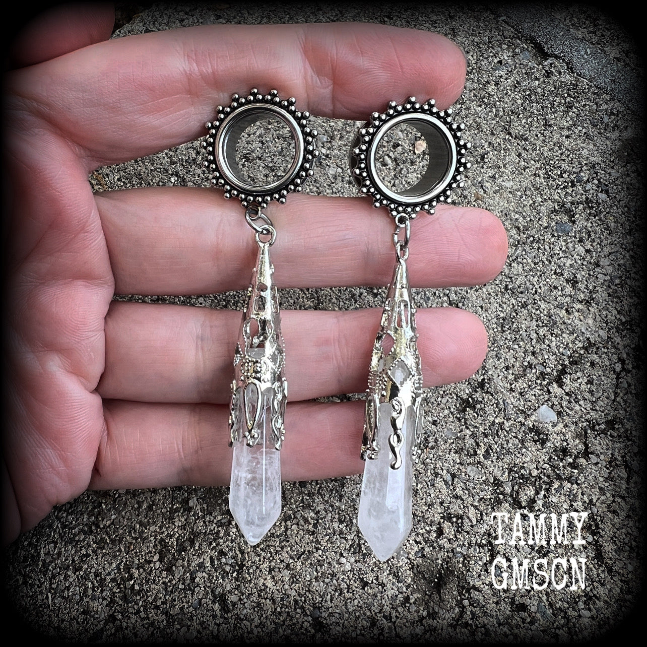 Gemstone tunnel dangles Clear quartz gauged earrings 9/16" tunnels Gemstone tunnels Gemstone ear weights Gemstone ear hangers Ear gauges 14mm tunnels Tunnel dangles Plugs Stretched ears Body jewelry Stretched lobes Gauged ears 6mm 8mm 10mm 12mm 14mm 16mm 19mm 22mm 25mm