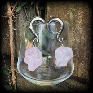 Raw Rose quartz gauged earrings