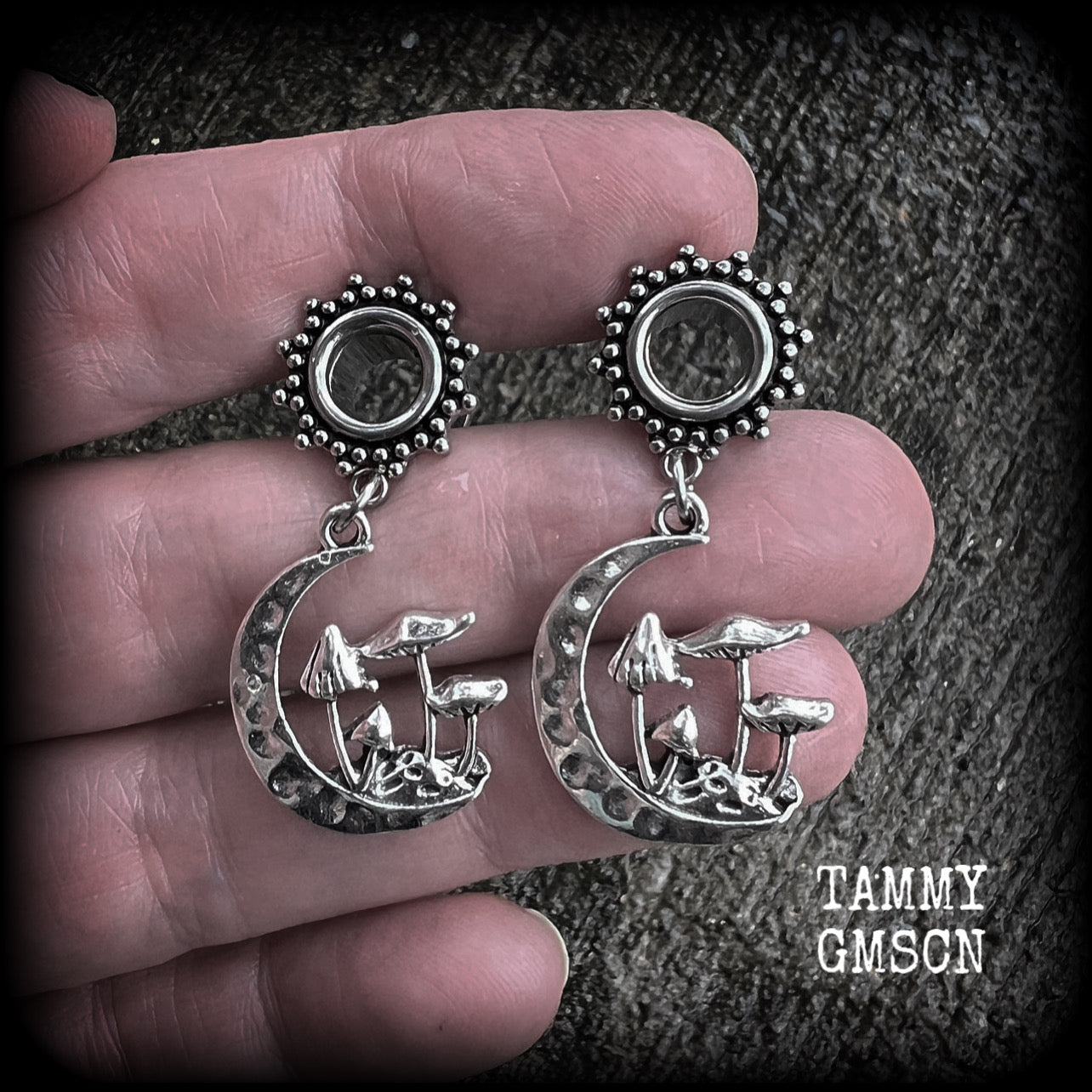 Mushroom and crescent moon boho tunnel earrings