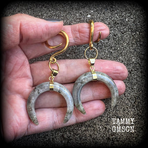 Labradorite crescent moon gauged earrings