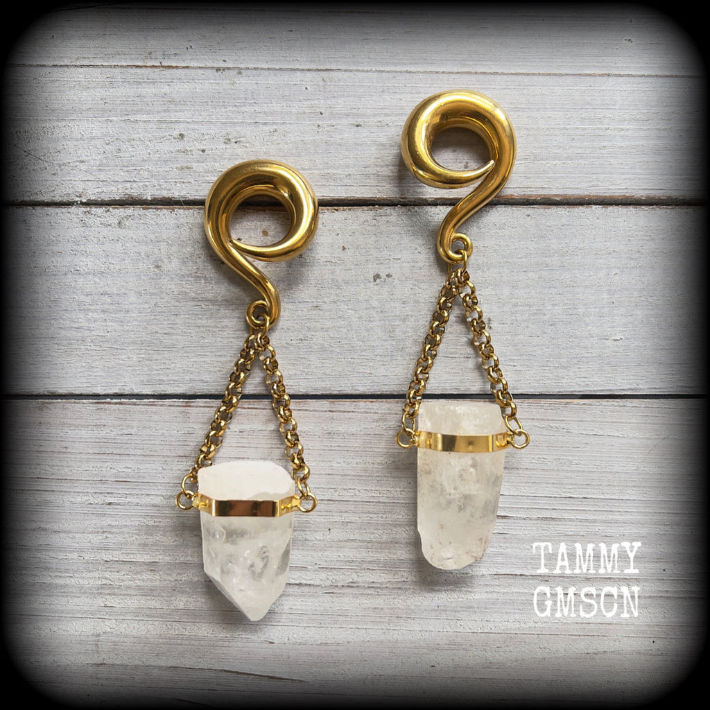 Clear quartz hanging pillar gauged earrings-Quartz ear weights