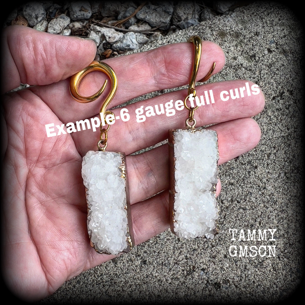 Measuring just 7.5 cms from tip to tip, and weighing approx 13 grams each, these gorgeous rustic white druzy and antique gold earrings have been made on 6 gauge (4mm) titanium coated surgical steel full curl hooks, to be worn in stretched lobes.