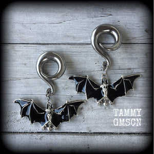 Black bat gauged earrings-Halloween jewelry