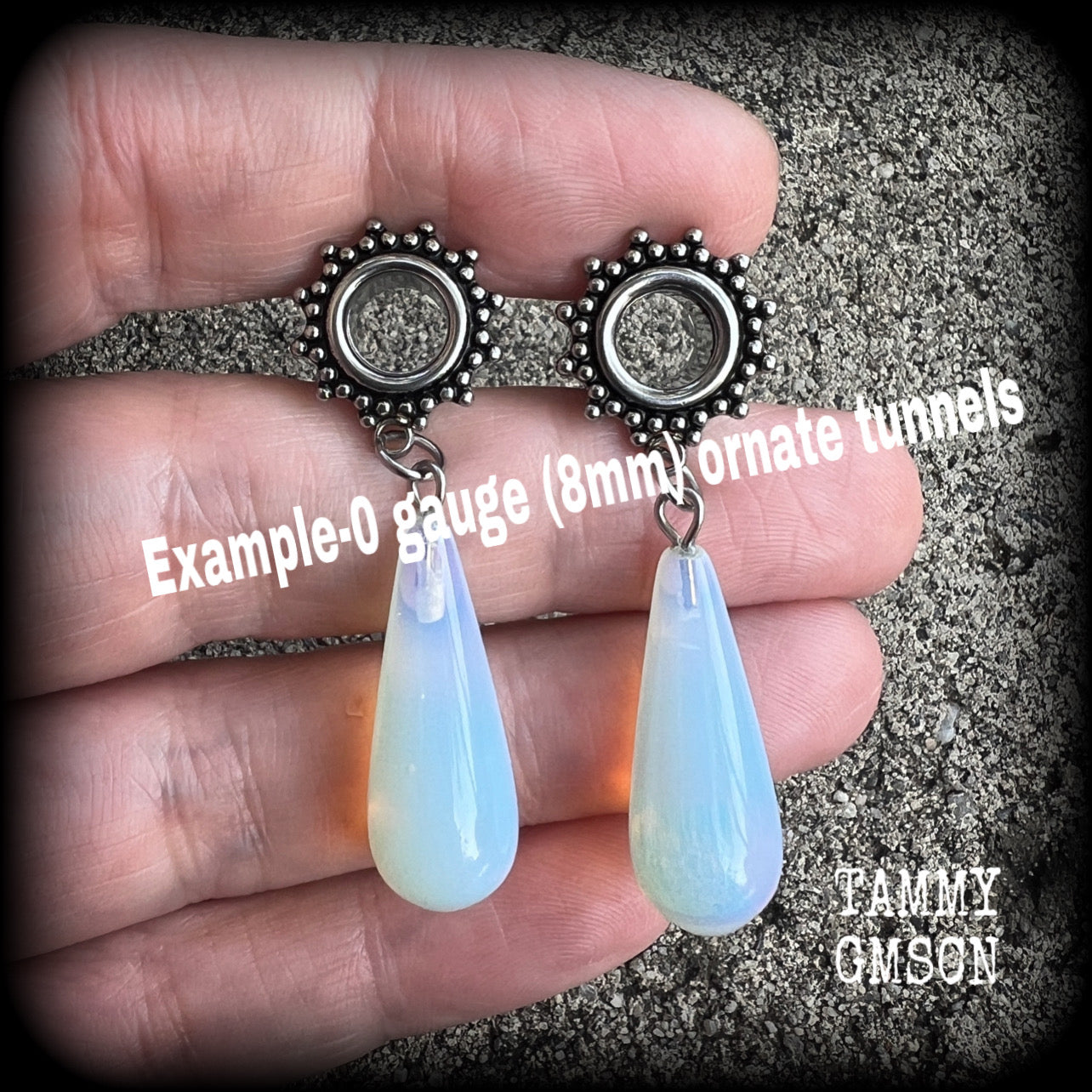 Ornate Opalite teardrop tunnel dangles