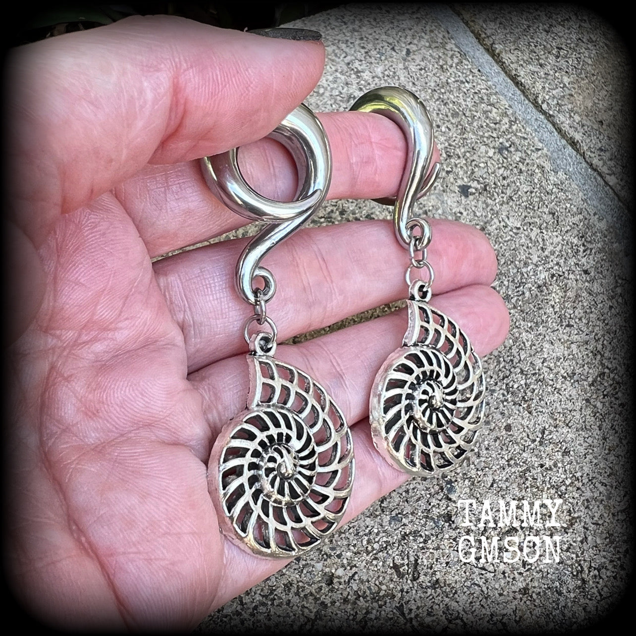 Fibonacci spiral gauged earrings-Nautilus ear hangers