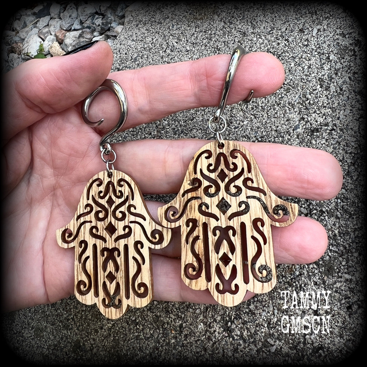 Hamsa hand gauged earrings-Carved wood earrings