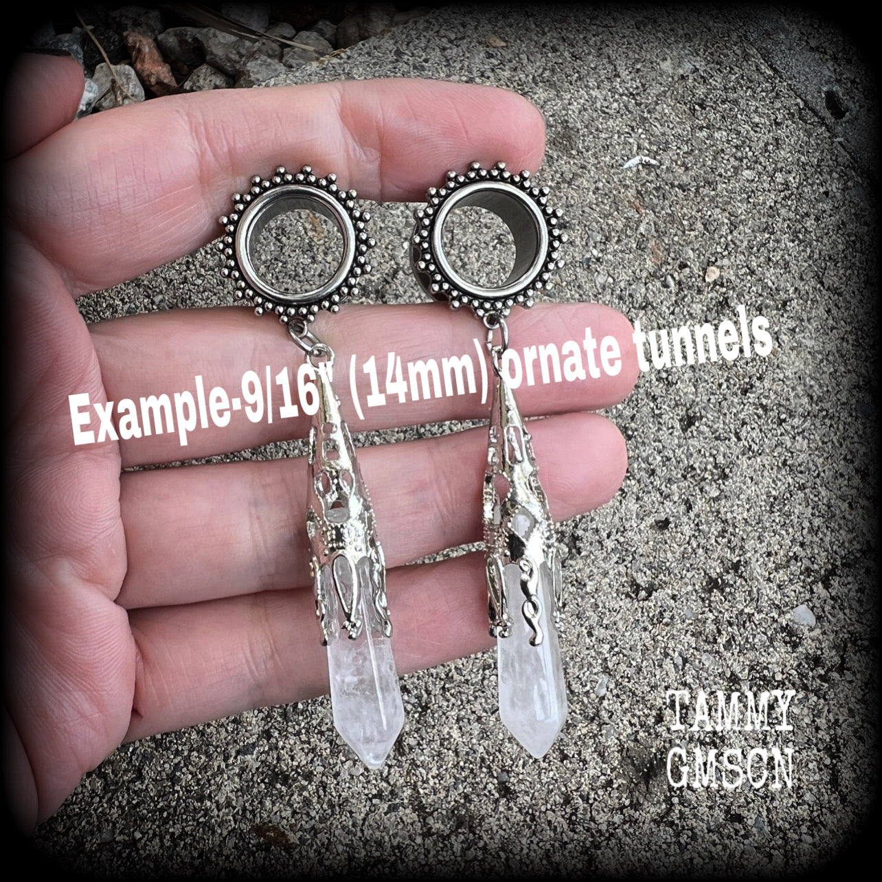 14mm tunnels Clear quartz gauged earrings 9/16" tunnels Gemstone tunnels Gemstone ear weights Gemstone ear hangers Ear gauges 14mm tunnels Tunnel dangles Plugs Stretched ears Body jewelry Stretched lobes Gauged ears 6mm 8mm 10mm 12mm 14mm 16mm 19mm 22mm 25mm