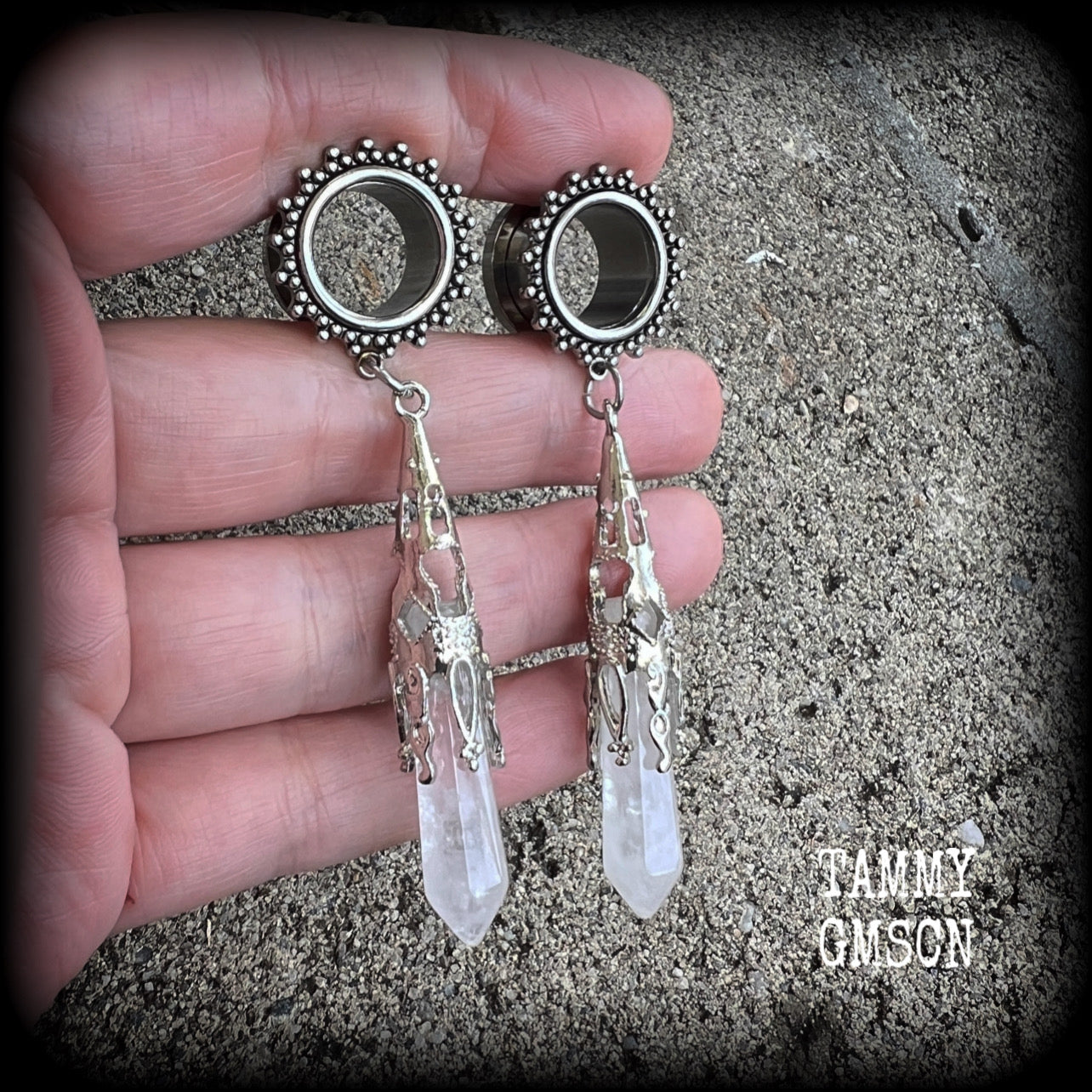 Gemstone tunnels Clear quartz gauged earrings 9/16" tunnels Gemstone tunnels Gemstone ear weights Gemstone ear hangers Ear gauges 14mm tunnels Tunnel dangles Plugs Stretched ears Body jewelry Stretched lobes Gauged ears 6mm 8mm 10mm 12mm 14mm 16mm 19mm 22mm 25mm