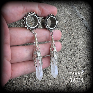 Gemstone tunnels Clear quartz gauged earrings 9/16" tunnels Gemstone tunnels Gemstone ear weights Gemstone ear hangers Ear gauges 14mm tunnels Tunnel dangles Plugs Stretched ears Body jewelry Stretched lobes Gauged ears 6mm 8mm 10mm 12mm 14mm 16mm 19mm 22mm 25mm