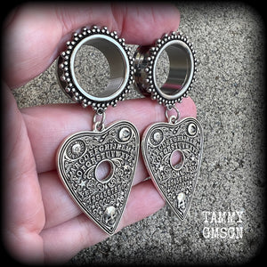 Ouija board jewelry Planchette earrings Spooky tunnel earrings Halloween gauged earrings 3/4" tunnel dangles 19mm tunnel earrings Body jewelry Stretched ears Gauged ears 6mm 8mm 10mm 12mm 14mm 16mm 19mm 22mm 25mm 28mm 30mm ear gauges Plug gauges 