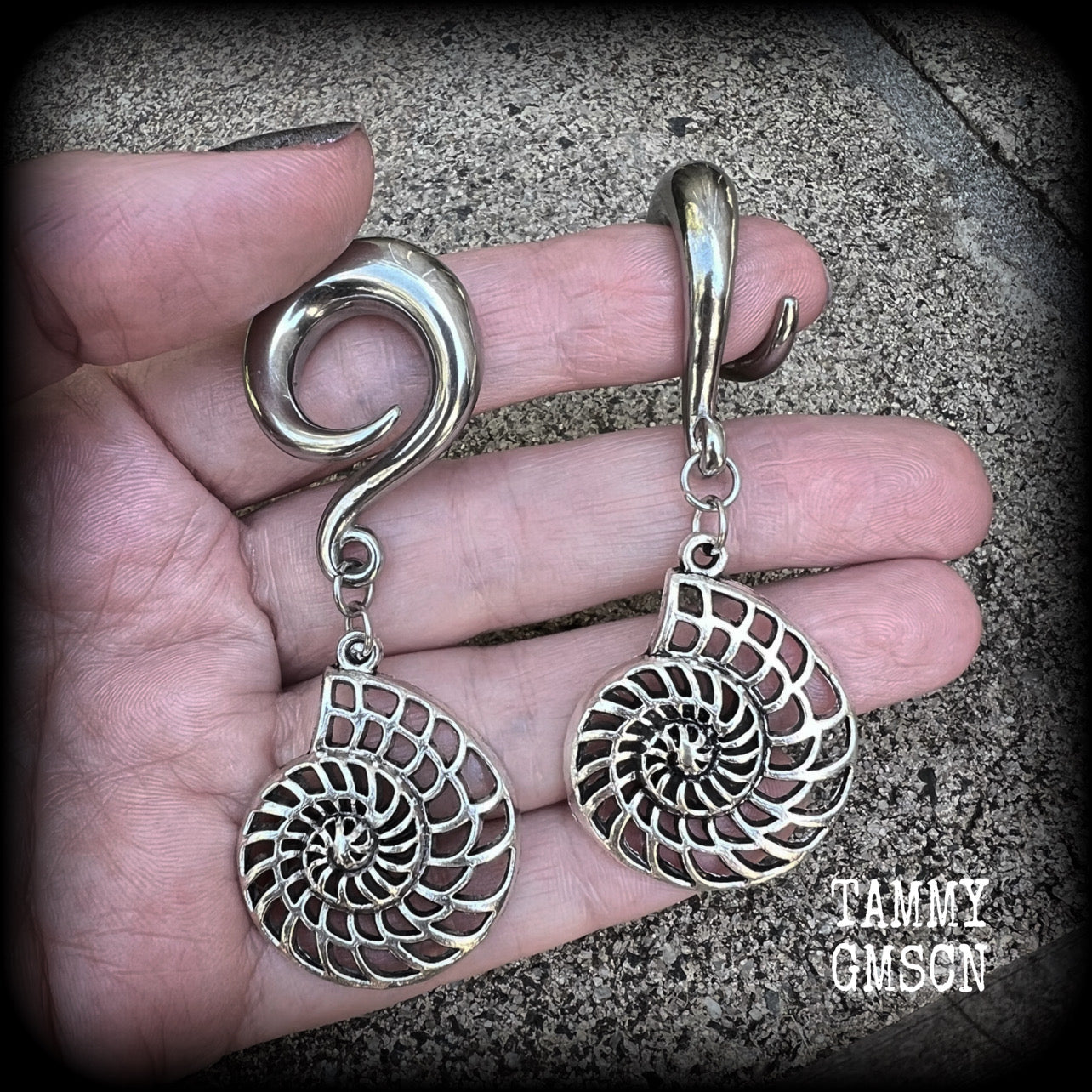 Fibonacci spiral gauged earrings-Nautilus ear hangers