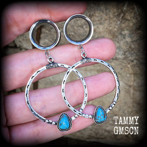 Gemstone hoops Turquoise earrings Tunnel hoops Boho tunnel dangles gauged earrings Ear guages Stretched lobes -2 gauge/6mm 
-0 gauge/8mm 
-00 gauge/10mm 
-1/2" gauge/12mm 
-9/16" gauge/14mm 
-5/8" gauge/16mm 
-3/4" gauge/19mm
-7/8" gauge/22mm
-1" gauge/25mm