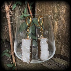 Measuring just 7.5 cms from tip to tip, and weighing approx 13 grams each, these gorgeous rustic white druzy and antique gold earrings have been made on 6 gauge (4mm) titanium coated surgical steel full curl hooks, to be worn in stretched lobes.