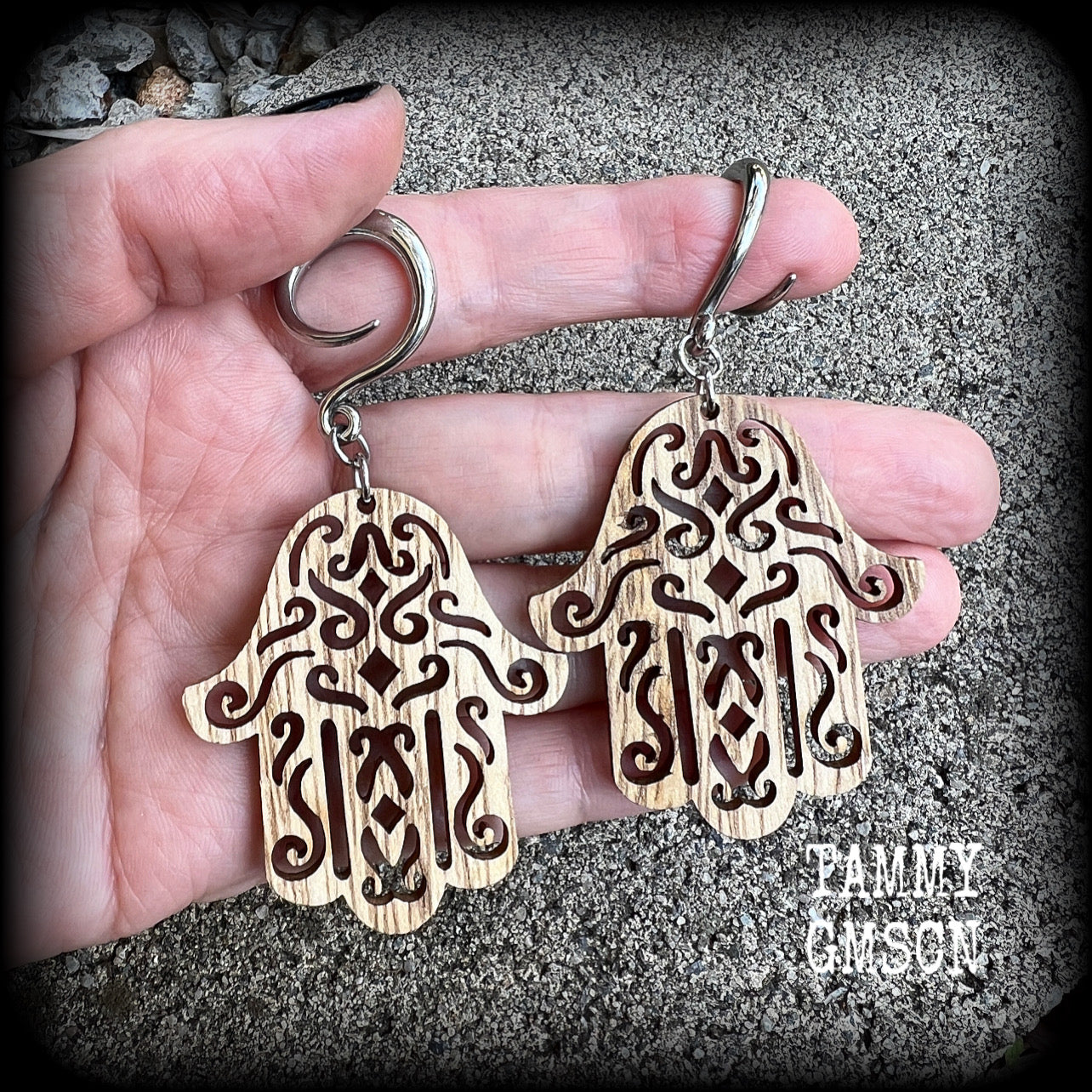 Hamsa hand gauged earrings-Carved wood earrings