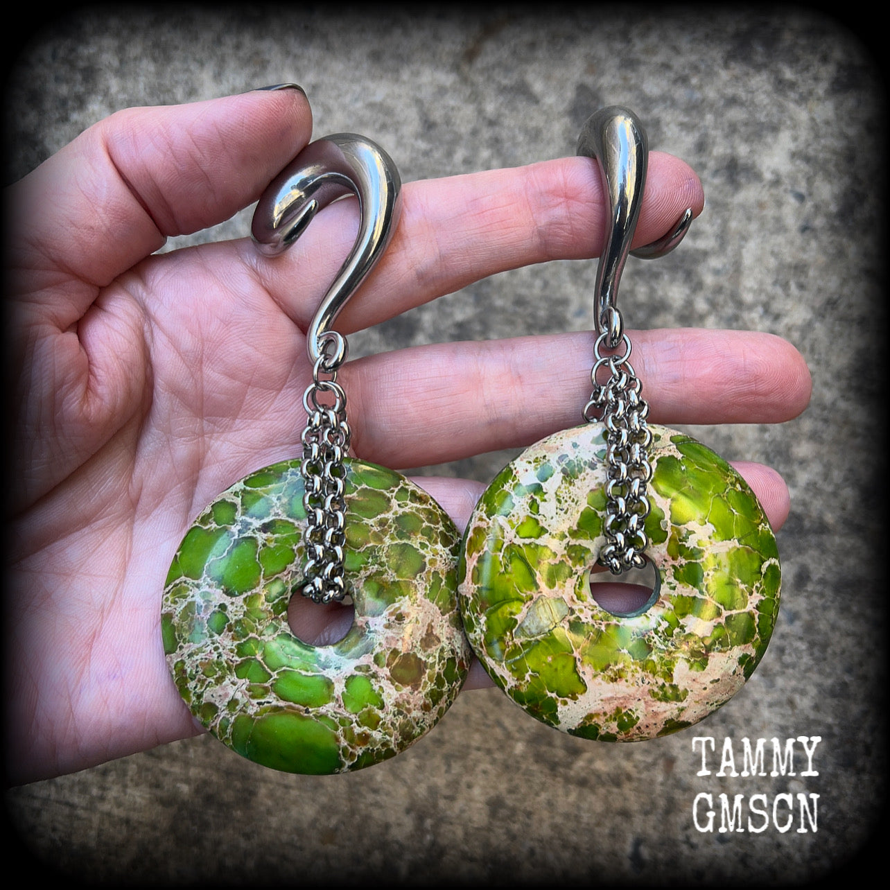 Ocean jasper gauged earrings-Ear hangers