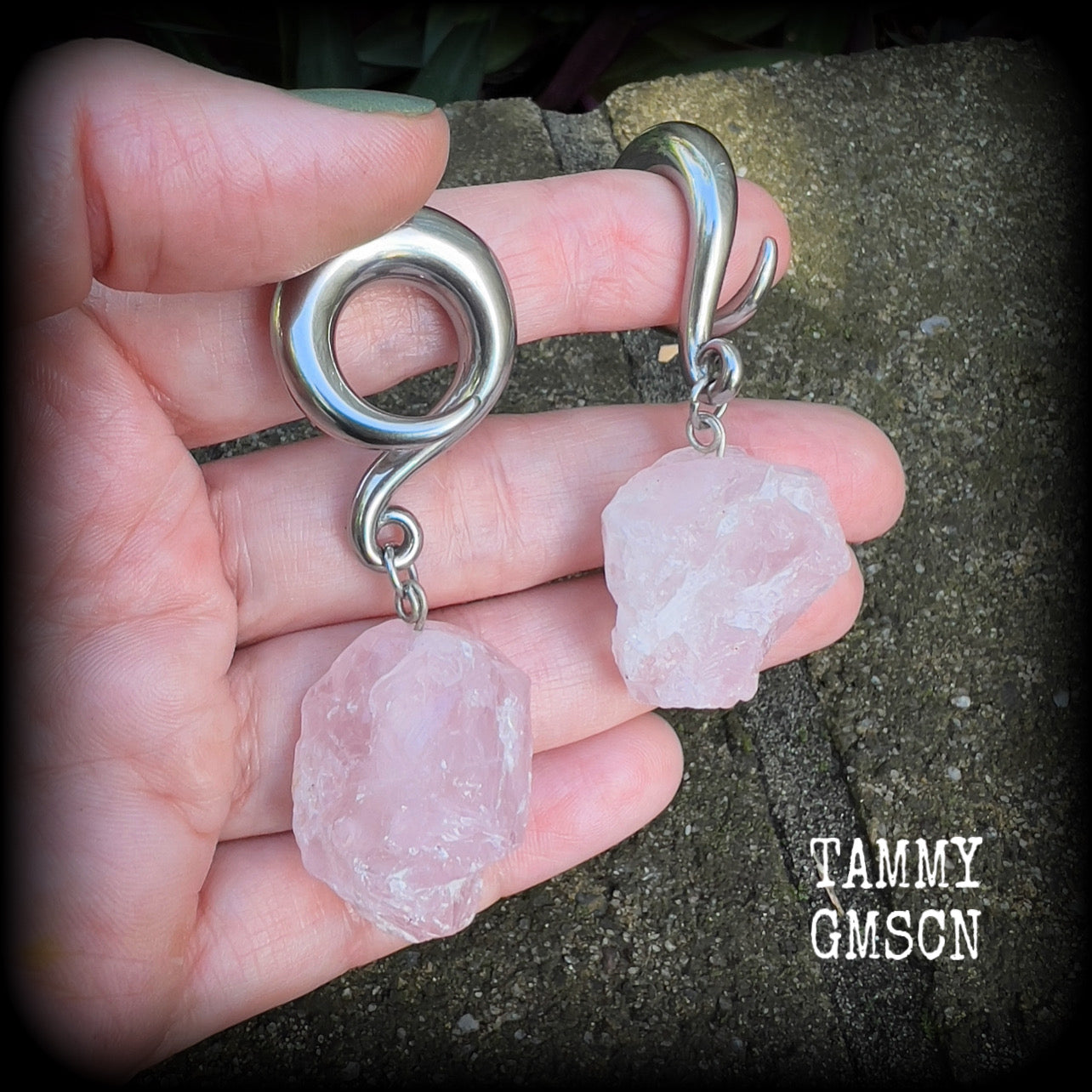 Raw Rose quartz gauged earrings