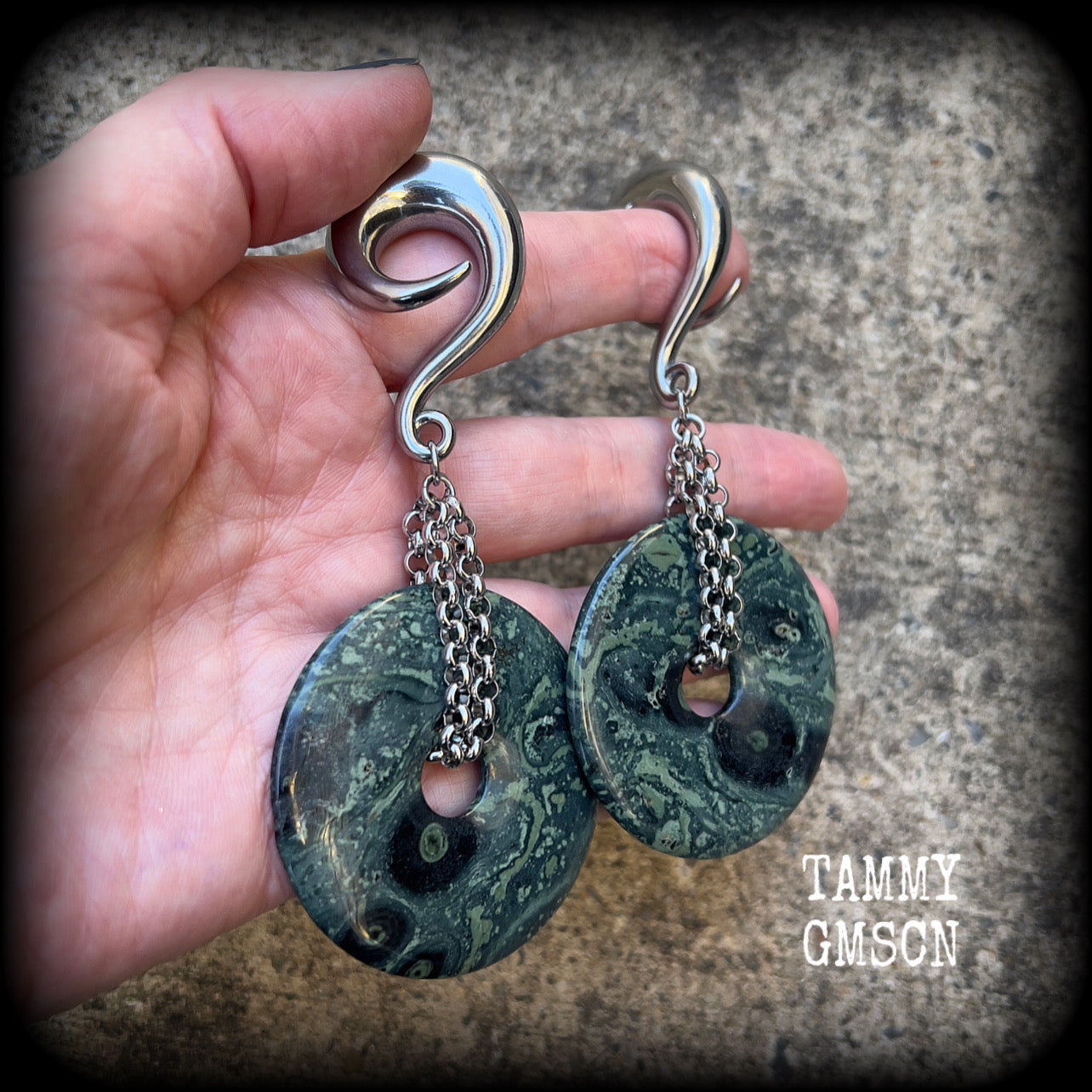 Kambaba jasper gauged earrings-Fossil ear weights