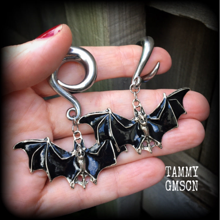 Black bat gauged earrings-Halloween jewelry