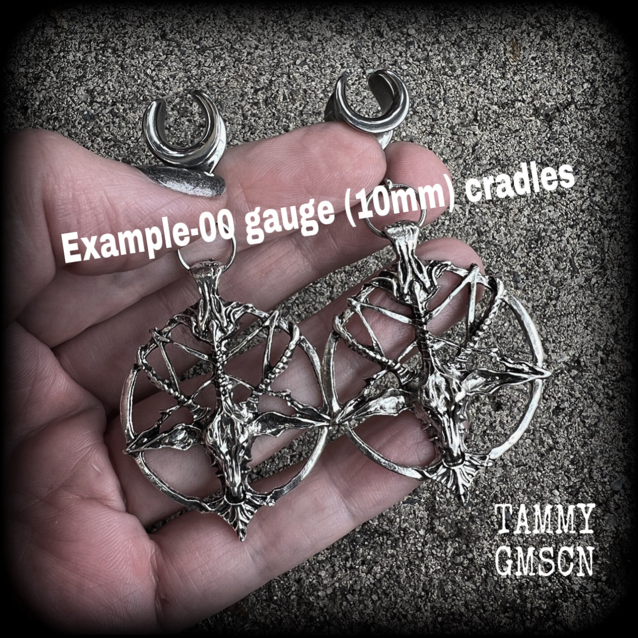 Antique silver Baphomet gauged earrings-Occult ear hangers