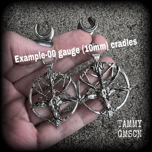 Antique silver Baphomet gauged earrings-Occult ear hangers