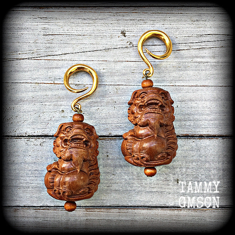 Foo dog gauged earrings-Carved wood ear hangers